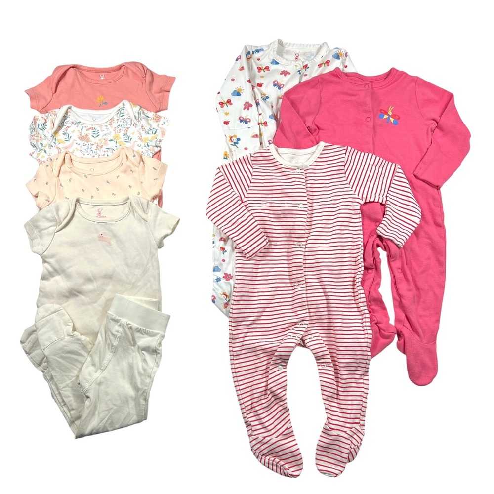 Mothercare 8pc Baby Girl Clothes Bundle Bodysuits Sleepers Pink Floral 1-6M EUC